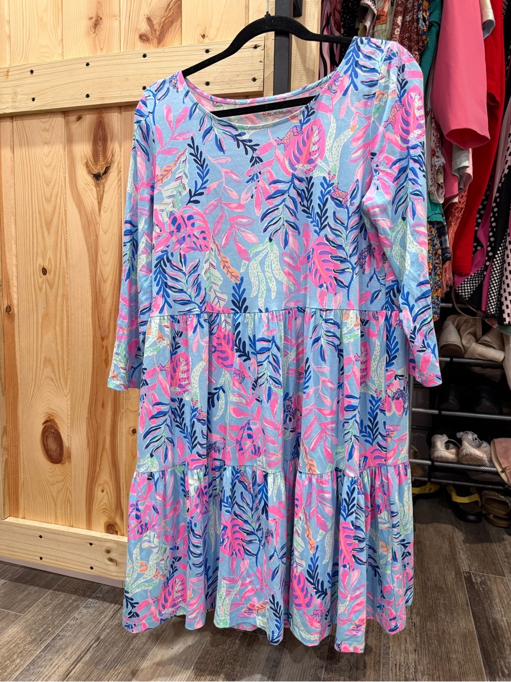Lilly Pulitzer Blue Dress with Pink & Navy Leaf Print